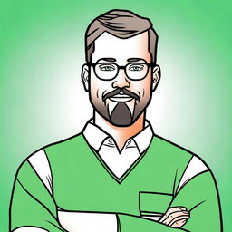 Create a 2D drawing of a man with short hair, green eyes, glasses, and a goatee