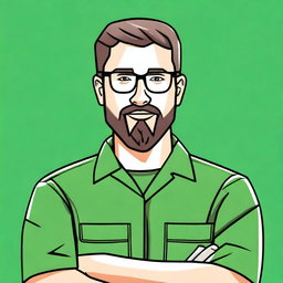 Create a 2D drawing of a man with short hair, green eyes, glasses, and a goatee