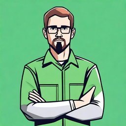 Create a 2D drawing of a man with short hair, green eyes, glasses, and a goatee