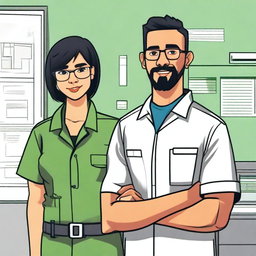 Create a 2D drawing of a workplace environment at Senai, featuring the previously described safety technician employees—a woman with short black hair, honey-colored eyes, and a nose piercing, and a man with short hair, green eyes, glasses, and a goatee