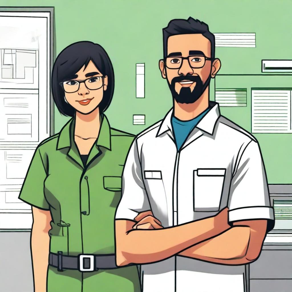 Create a 2D drawing of a workplace environment at Senai, featuring the previously described safety technician employees—a woman with short black hair, honey-colored eyes, and a nose piercing, and a man with short hair, green eyes, glasses, and a goatee