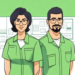 Create a 2D drawing of a workplace environment at Senai, featuring the previously described safety technician employees—a woman with short black hair, honey-colored eyes, and a nose piercing, and a man with short hair, green eyes, glasses, and a goatee