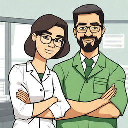 Create a 2D drawing of a workplace environment at Senai, featuring the previously described safety technician employees—a woman with short black hair, honey-colored eyes, and a nose piercing, and a man with short hair, green eyes, glasses, and a goatee