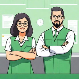 Create a 2D drawing of a workplace environment at Senai, featuring the previously described safety technician employees—a woman with short black hair, honey-colored eyes, and a nose piercing, and a man with short hair, green eyes, glasses, and a goatee