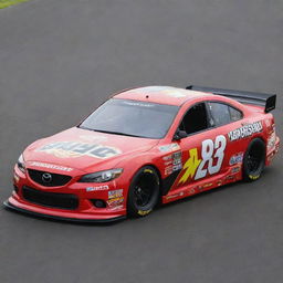 A Mazda transformed into a NASCAR version, featuring bright colors, racing adaptations, and embellished with myriad sponsor decals.