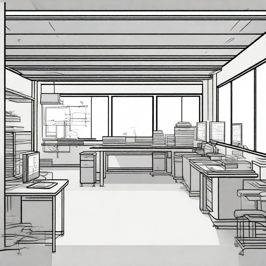 Create a 2D drawing of a workplace environment at Senai