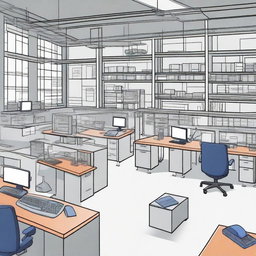 Create a 2D drawing of a workplace environment at Senai