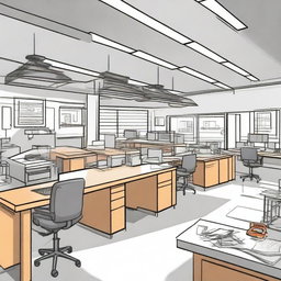 Create a 2D drawing of a workplace environment at Senai