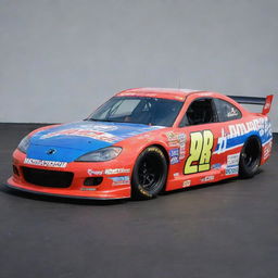 A Mazda transformed into a NASCAR version, featuring bright colors, racing adaptations, and embellished with myriad sponsor decals.