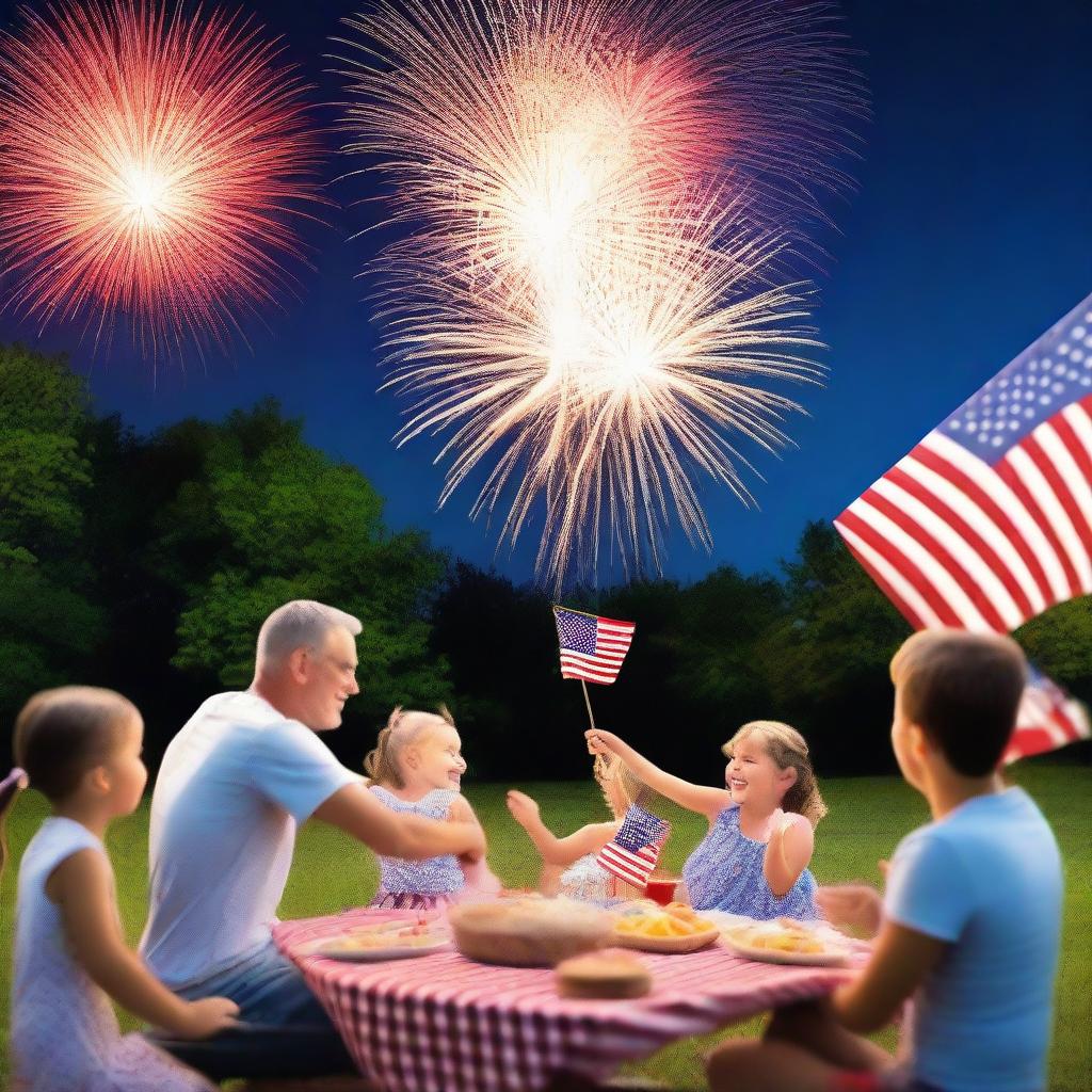 A vibrant Fourth of July celebration scene with fireworks lighting up the night sky, families enjoying a picnic, American flags waving, and a sense of joy and patriotism