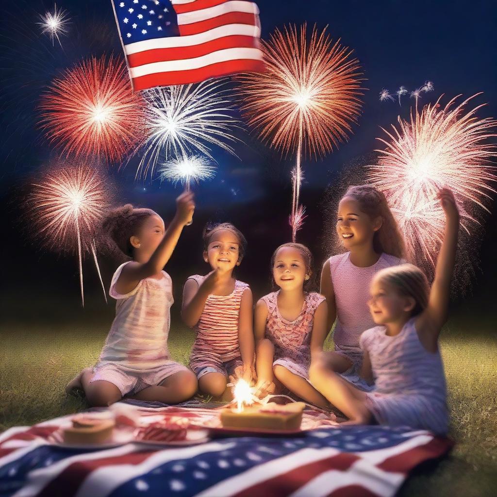 A vibrant Fourth of July celebration scene with fireworks lighting up the night sky, families enjoying a picnic, American flags waving, and a sense of joy and patriotism