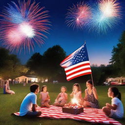 A vibrant Fourth of July celebration scene with fireworks lighting up the night sky, families enjoying a picnic, American flags waving, and a sense of joy and patriotism