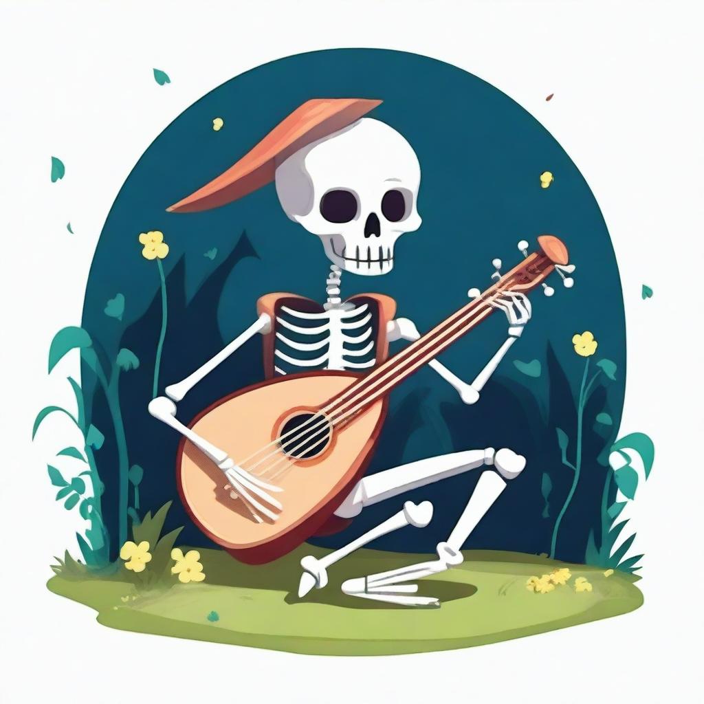 Create an image of a carefree magical skeleton bard playing a lute