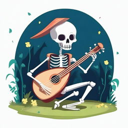 Create an image of a carefree magical skeleton bard playing a lute