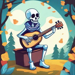 Create an image of a carefree magical skeleton bard playing a lute