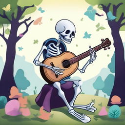 Create an image of a carefree magical skeleton bard playing a lute