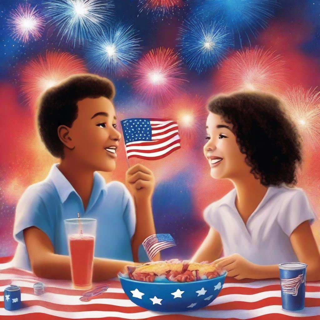 A captivating Fourth of July movie poster featuring a vibrant night sky filled with fireworks, a family enjoying a picnic, and American flags waving
