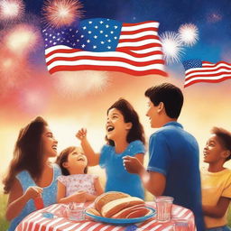 A captivating Fourth of July movie poster featuring a vibrant night sky filled with fireworks, a family enjoying a picnic, and American flags waving