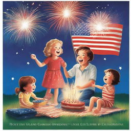 A captivating Fourth of July movie poster featuring a vibrant night sky filled with fireworks, a family enjoying a picnic, and American flags waving