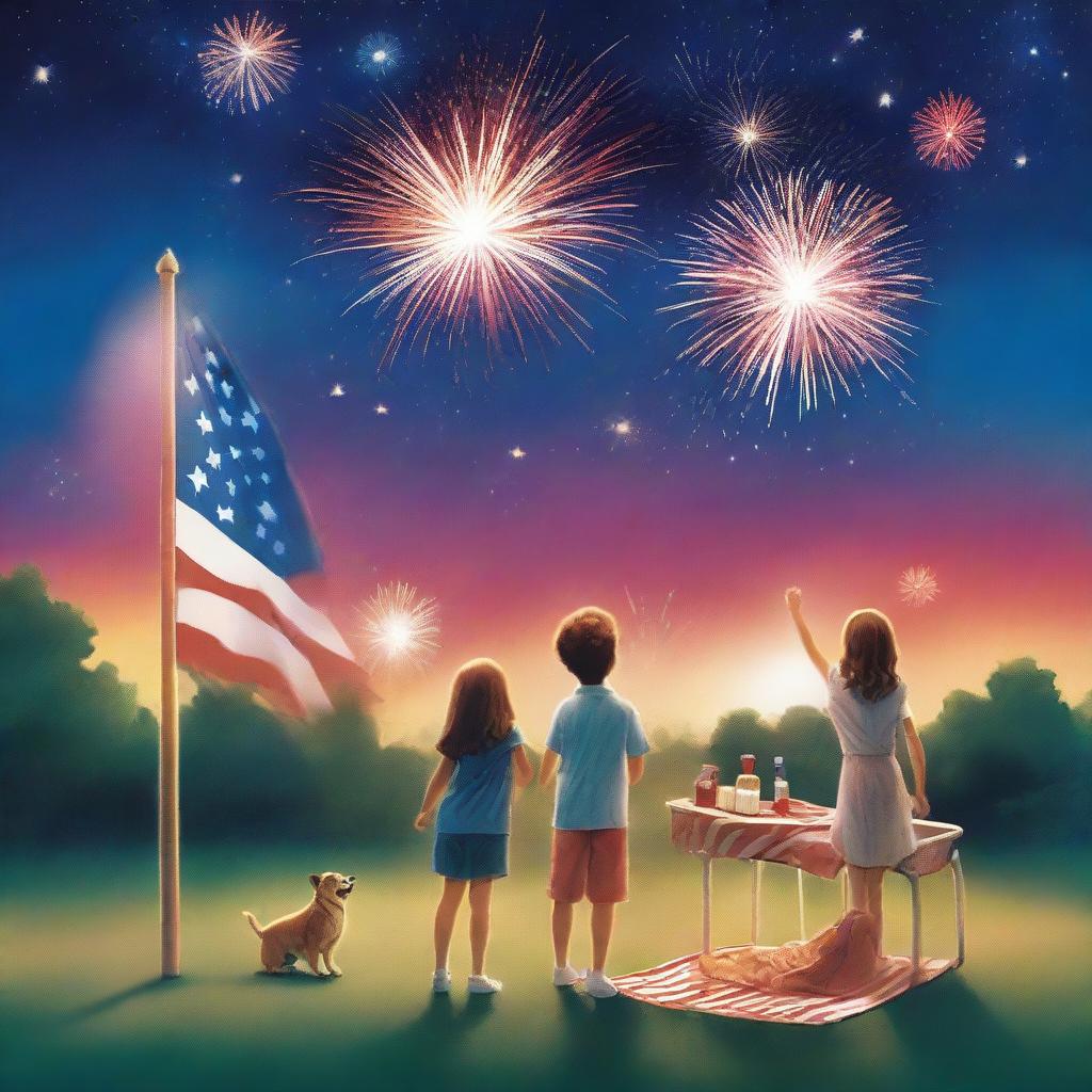 A captivating Fourth of July movie poster featuring a vibrant night sky filled with fireworks, a family enjoying a picnic, and American flags waving