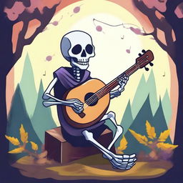 Create an image of a carefree magical skeleton bard playing a lute, inspired by Dungeon and Dragons