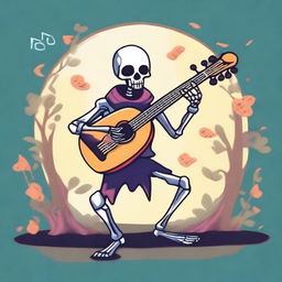 Create an image of a carefree magical skeleton bard playing a lute, inspired by Dungeon and Dragons