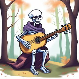 Create an image of a carefree magical skeleton bard playing a lute, inspired by Dungeon and Dragons