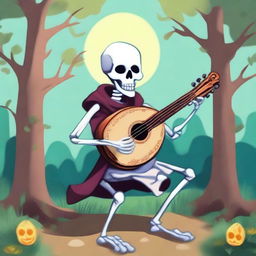 Create an image of a carefree magical skeleton bard playing a lute, inspired by Dungeon and Dragons