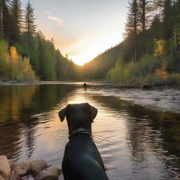 A landscape shot of a mountain stream or lake with a golden sunrise or sunset, capturing the natural beauty of the mountains in browns, greens, and blues
