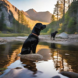 A landscape shot of a mountain stream or lake with a golden sunrise or sunset, capturing the natural beauty of the mountains in browns, greens, and blues