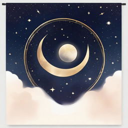 A banner featuring the moon, Saturn, and stars