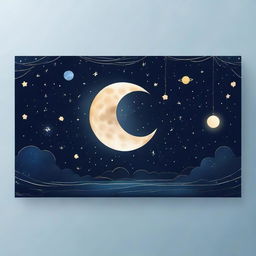 A banner for a book featuring the moon, Saturn, and stars