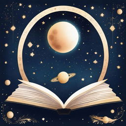 A banner for a book featuring the moon, Saturn, and stars