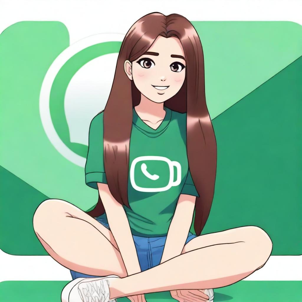 A sexy woman with long hair sitting casually on top of a WhatsApp logo