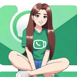 A sexy woman with long hair sitting casually on top of a WhatsApp logo