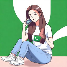 A sexy woman with long hair sitting casually on top of a WhatsApp logo