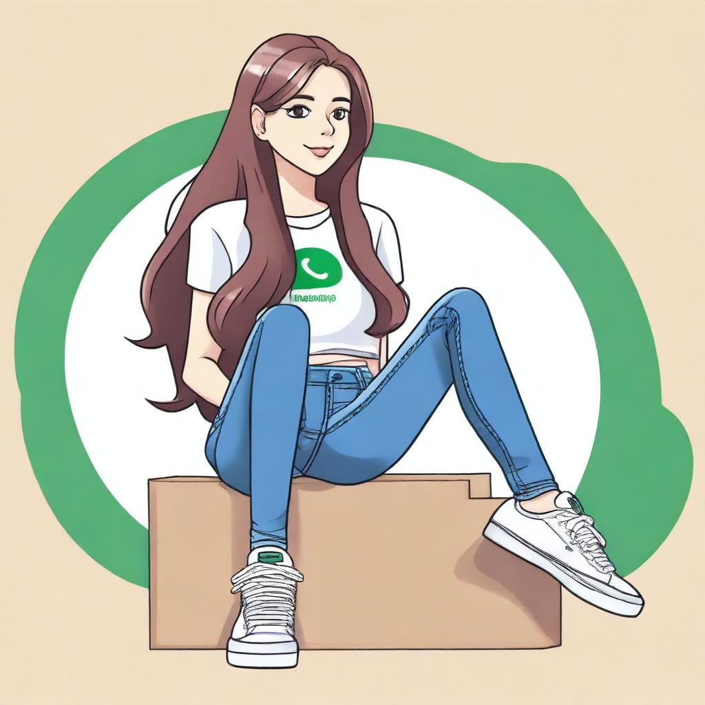 A sexy woman with long hair sitting casually on top of a WhatsApp logo