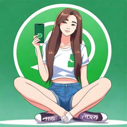 A sexy woman with long hair sitting casually on top of a WhatsApp logo