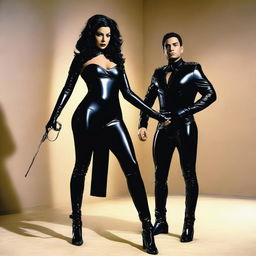 Egyptian Actress Mai Omar wearing a black latex suit, walking with a dominant look while holding a small bullwhip