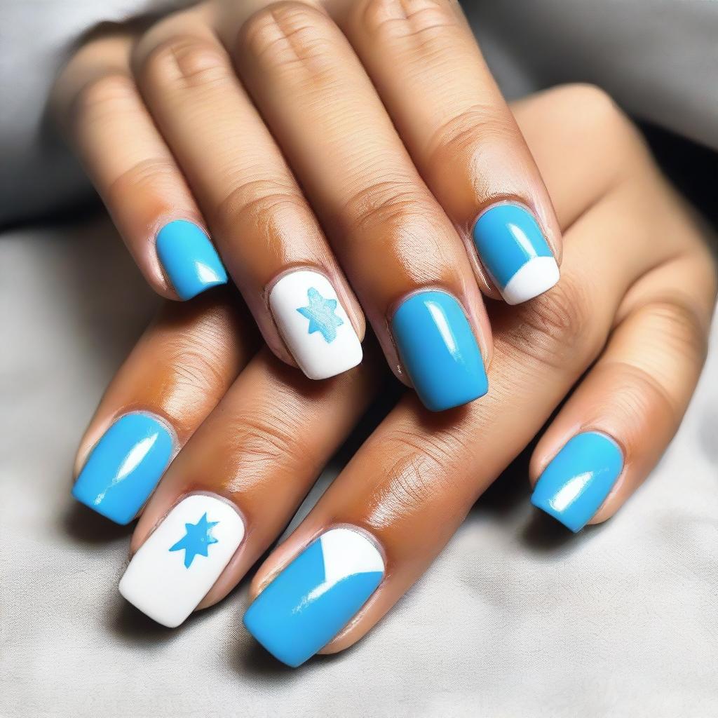 A close-up image of nails painted in sky blue and white colors, with some nails featuring the Uruguay flag design
