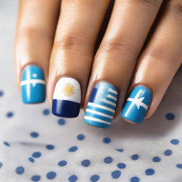A close-up image of nails featuring the Uruguay flag design
