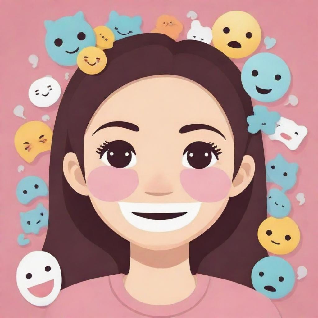 Create a 2D Kawaii cartoon illustration. A smiling girl with half of her face concealed by a larger mask displaying a more dramatic smile. Surrounding her are various symbols representing social expectations and others' hopes, such as puzzles, keys, and question marks.