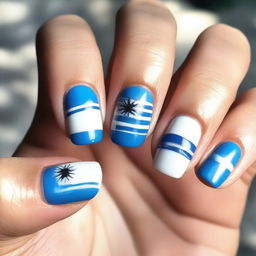 A close-up image of nails featuring the Uruguay flag design