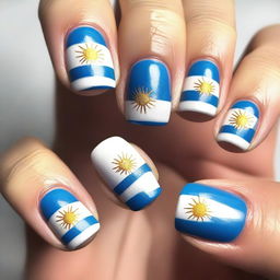 A close-up image of nails featuring the Uruguay flag design