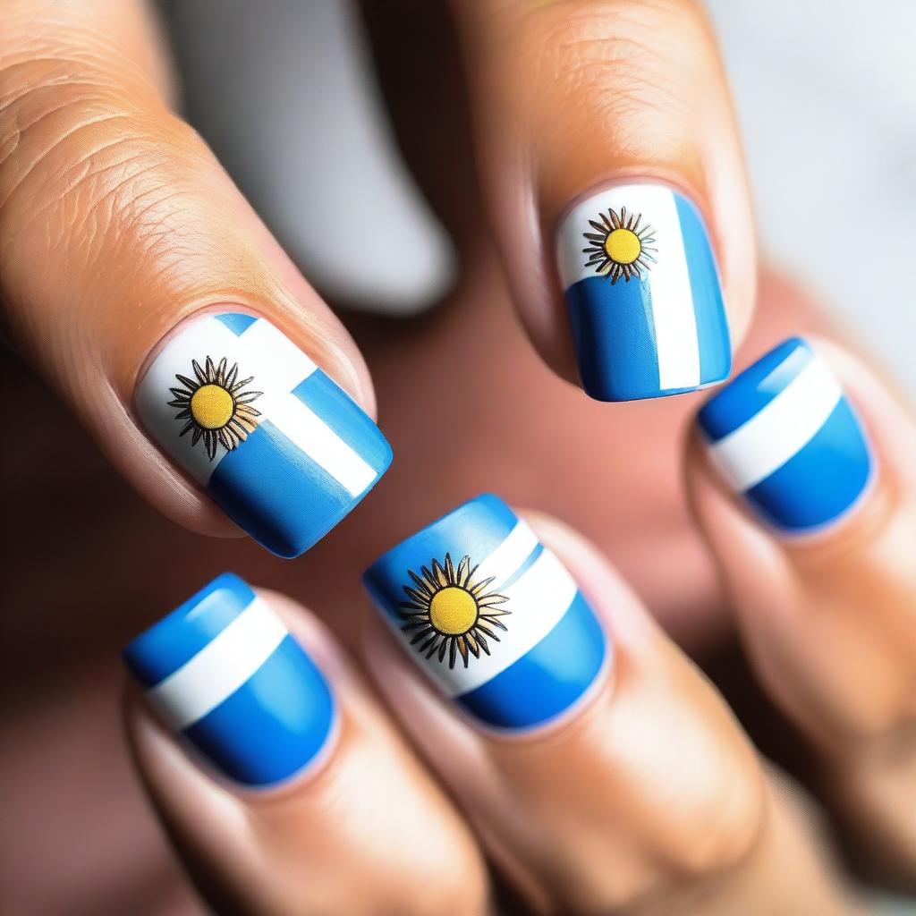 A close-up image of nails featuring the Uruguay flag design