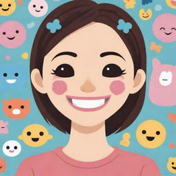 Create a 2D Kawaii cartoon illustration. A smiling girl with half of her face concealed by a larger mask displaying a more dramatic smile. Surrounding her are various symbols representing social expectations and others' hopes, such as puzzles, keys, and question marks.