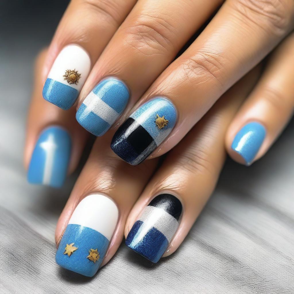 A close-up image of glamorous nails featuring a Uruguay flag design in the middle of the middle nail