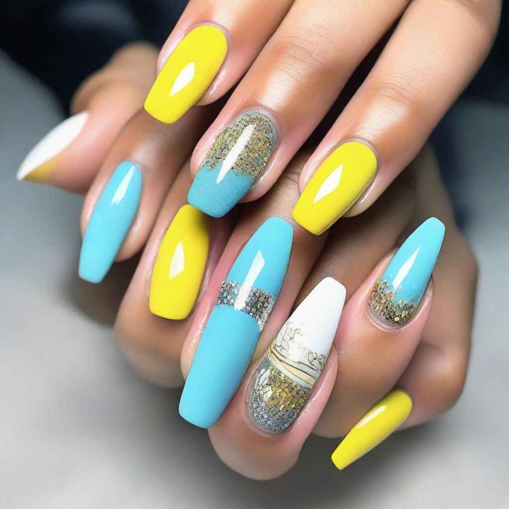 A close-up image of glamorous nails painted in sky blue, white, and yellow colors