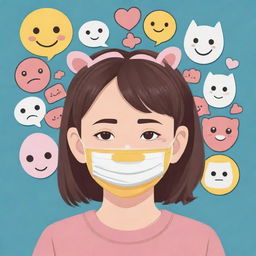 Create a 2D Kawaii cartoon illustration. A smiling girl with half of her face concealed by a larger mask displaying a more dramatic smile. Surrounding her are various symbols representing social expectations and others' hopes, such as puzzles, keys, and question marks.