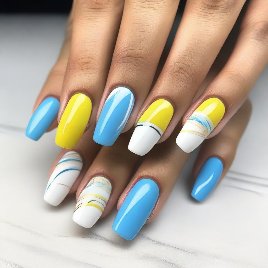 A close-up image of nails featuring a design with lines in sky blue, white, and yellow colors